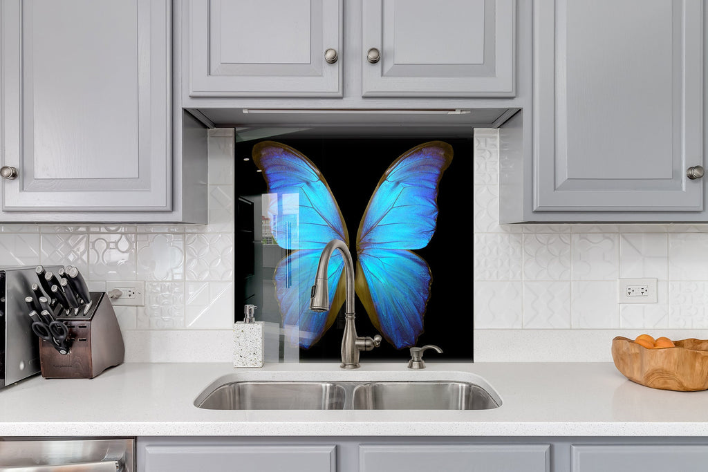 Blue Butterfly Wings – Glass Kitchen Backsplash-BacksplashArtworks