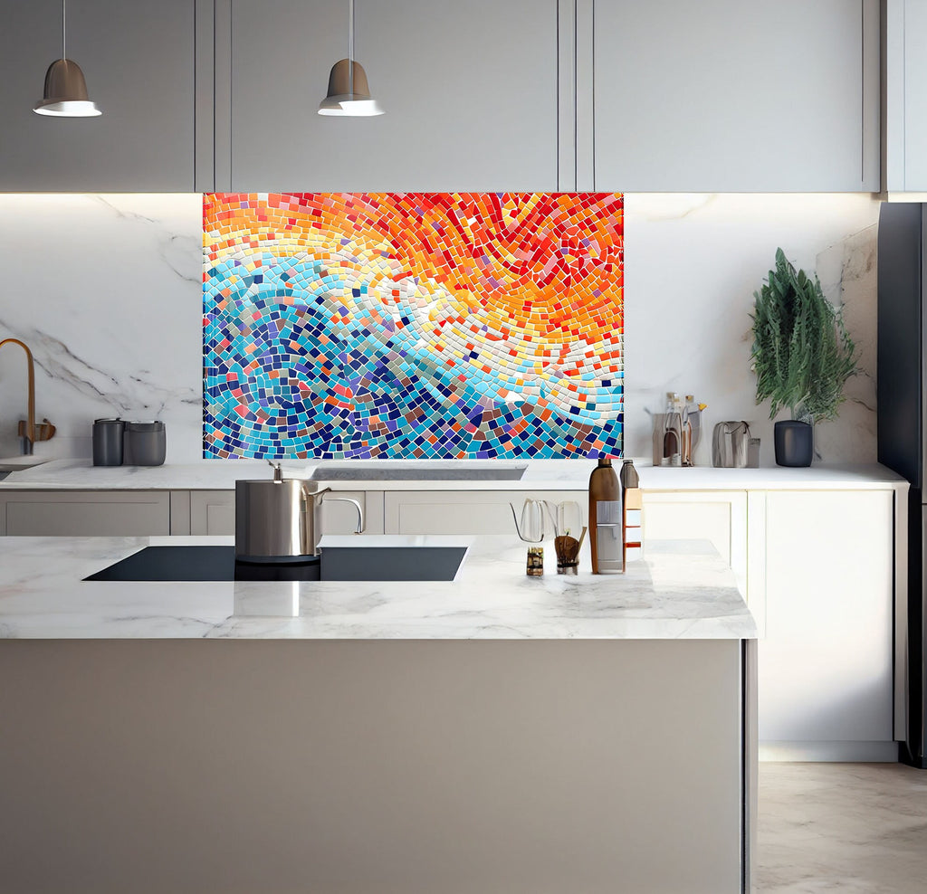 a kitchen with a large painting on the wall