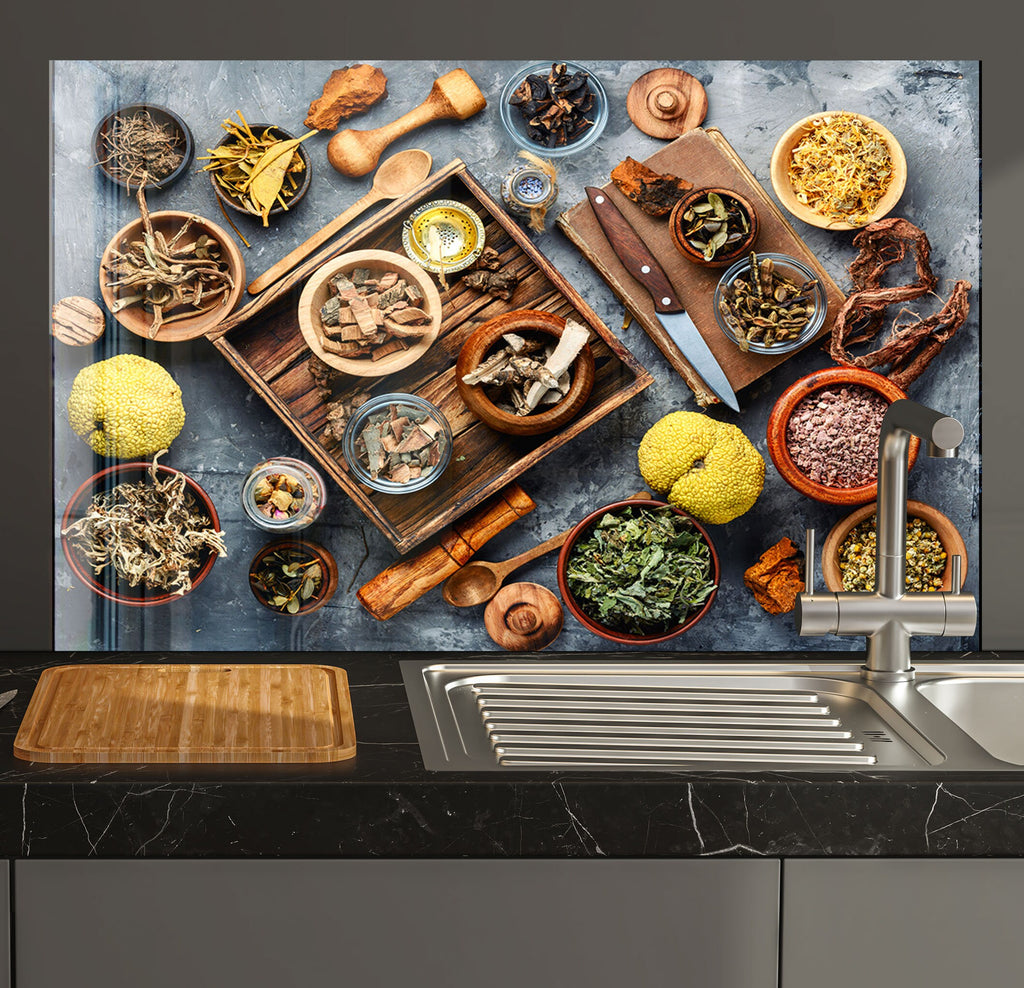 a kitchen with a sink, cutting board, cutting board and various spices