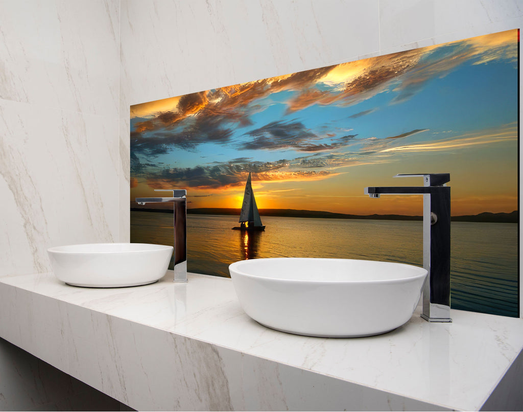 a bathroom with two sinks and a painting on the wall