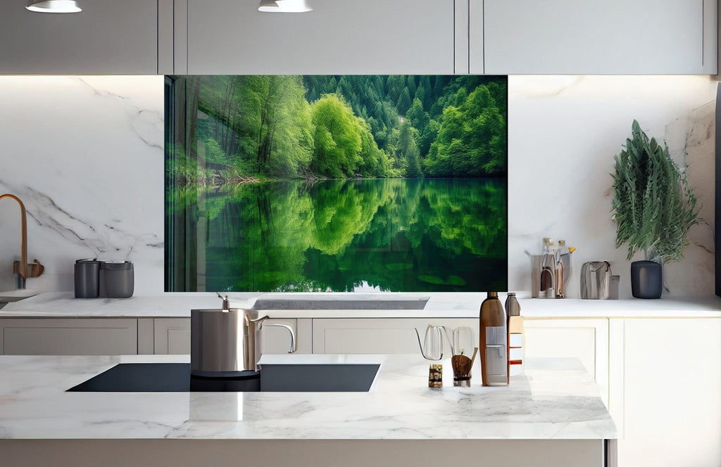 Tranquil Green Forest Reflection – Glass Kitchen Backsplash-BacksplashArtworks