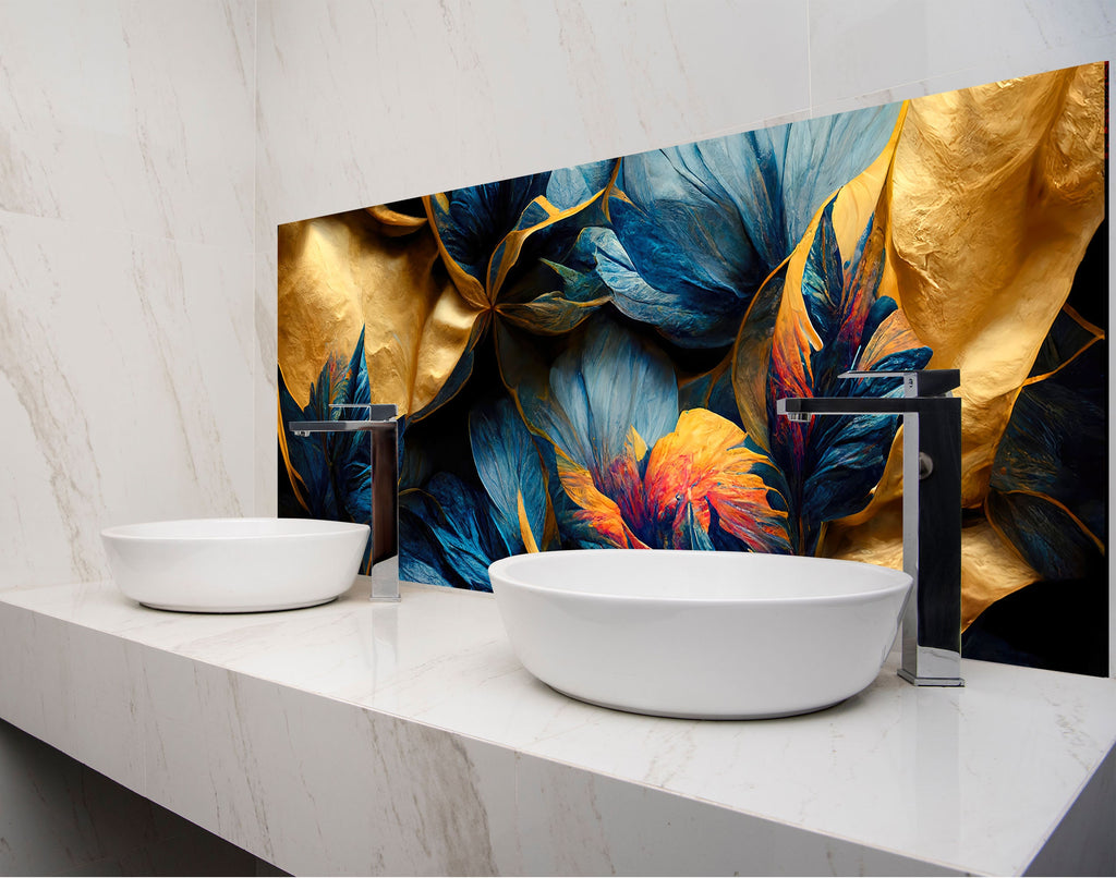 a bathroom with two sinks and a large painting on the wall