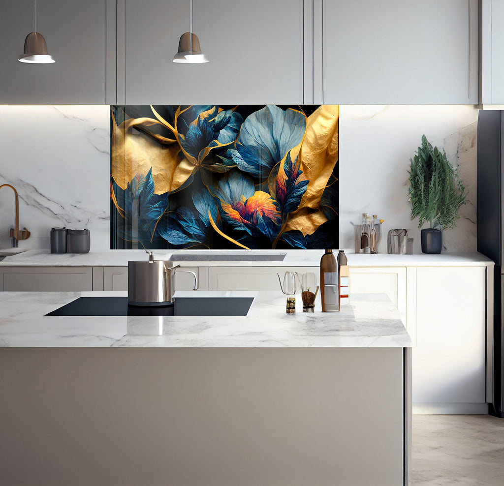 a kitchen with a large painting on the wall