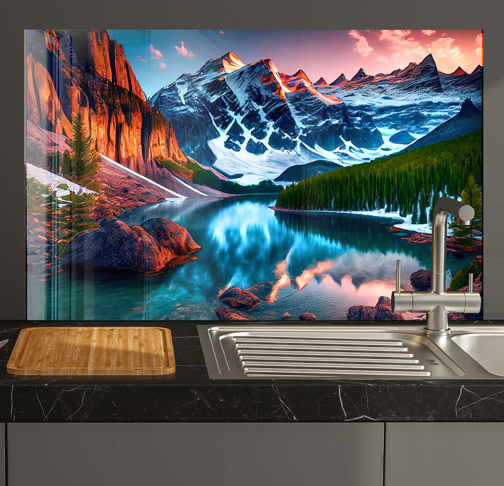 a kitchen with a sink and a painting on the wall