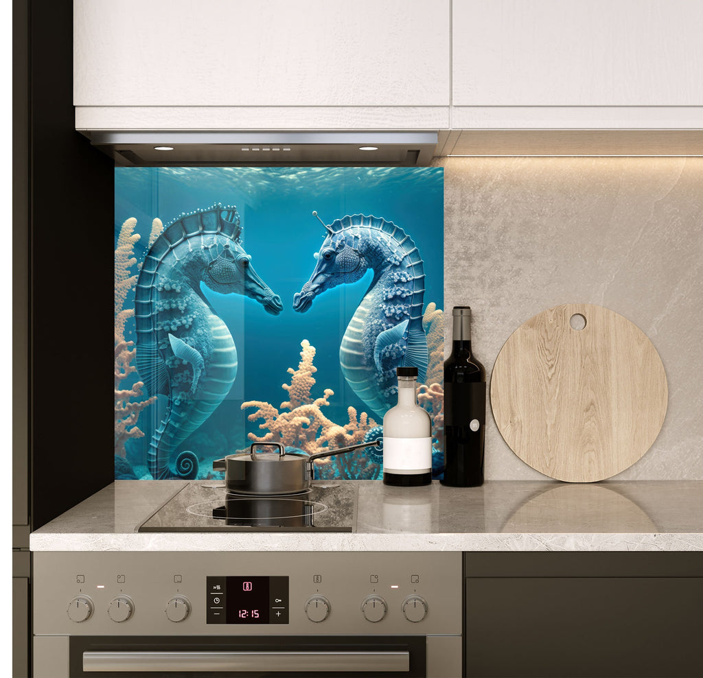 two seahorses are standing next to each other in a kitchen