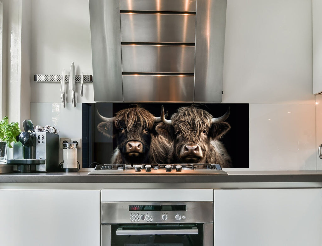 Highland Cow Duo - Glass Kitchen Backsplash-BacksplashArtworks