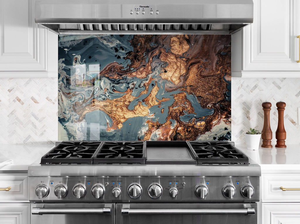 Golden Marble Flow – Glass Kitchen Backsplash-BacksplashArtworks
