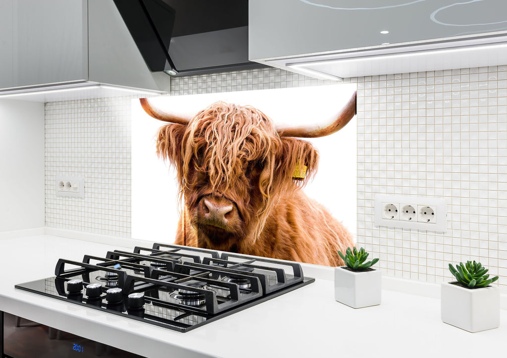 Highland Cow Rustic Elegance – Farmhouse Glass Kitchen Backsplash-BacksplashArtworks