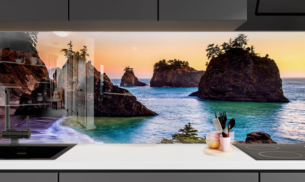 Rocky Coastal Sunset View Wall Art – Glass Backsplash-BacksplashArtworks