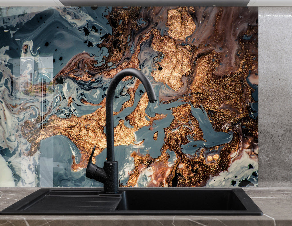 Golden Marble Flow – Glass Kitchen Backsplash-BacksplashArtworks