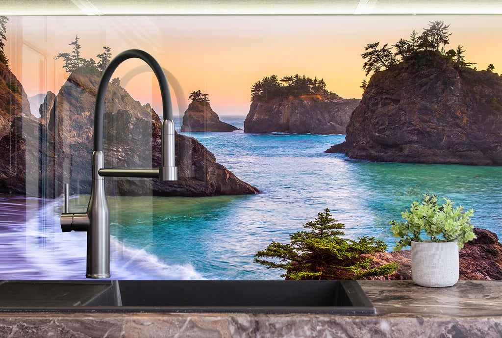 Rocky Coastal Sunset View Wall Art – Glass Backsplash-BacksplashArtworks