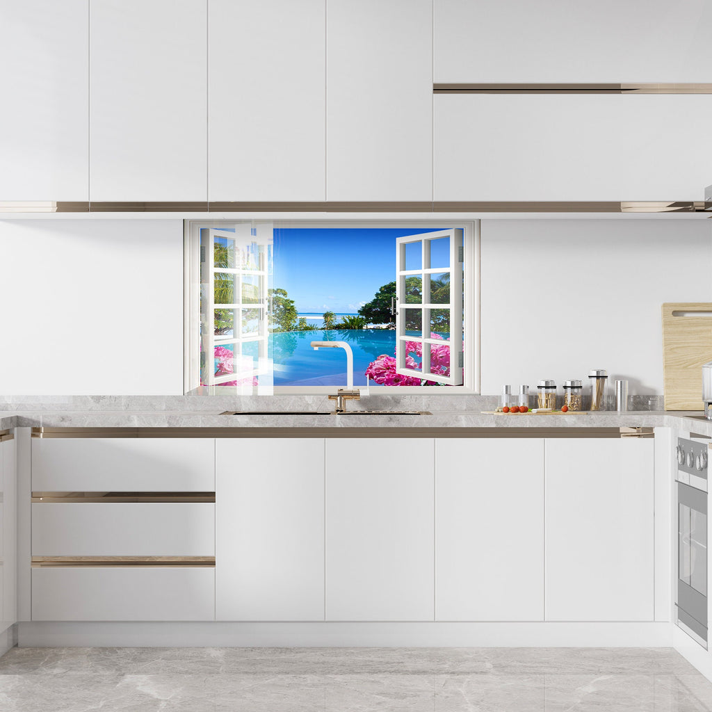 Tropical Ocean View Window - Glass Kitchen Backsplash-BacksplashArtworks