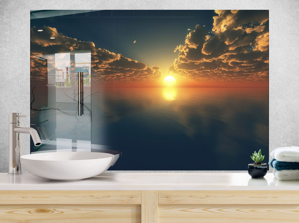 Golden Sunset Over Ocean – Glass Kitchen Backsplash-BacksplashArtworks