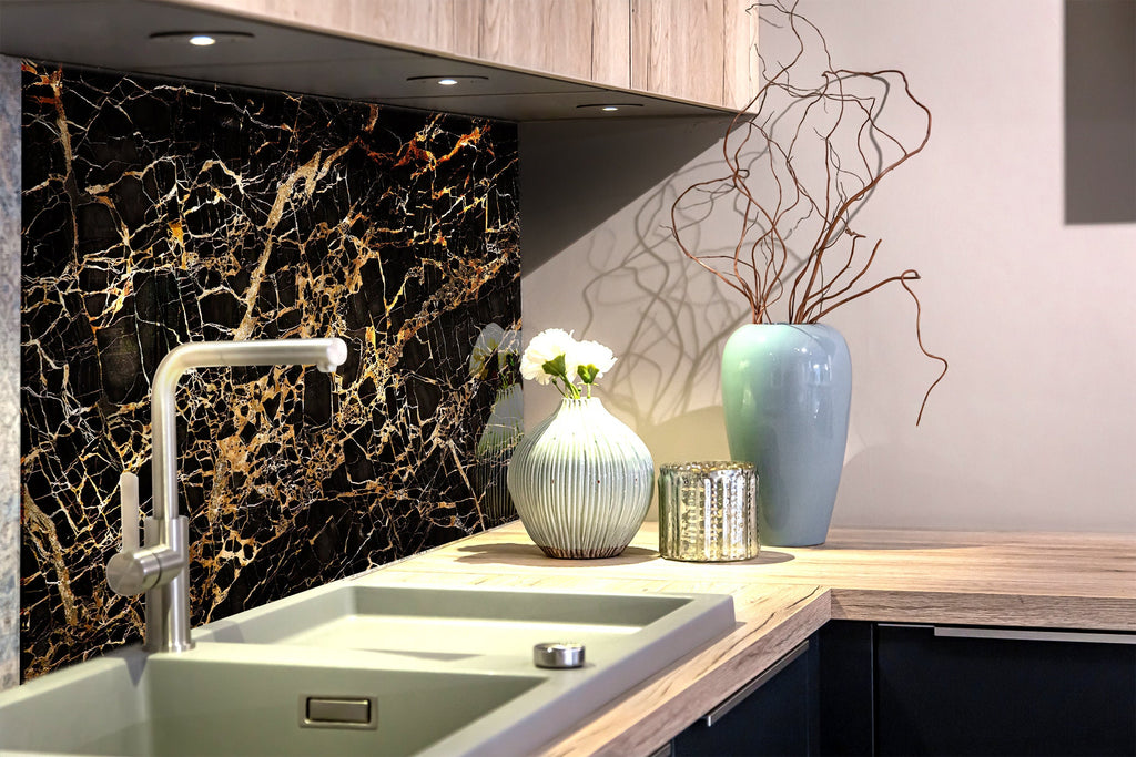 Luxurious Black Marble with Gold Veining - Glass Kitchen Backsplash-BacksplashArtworks
