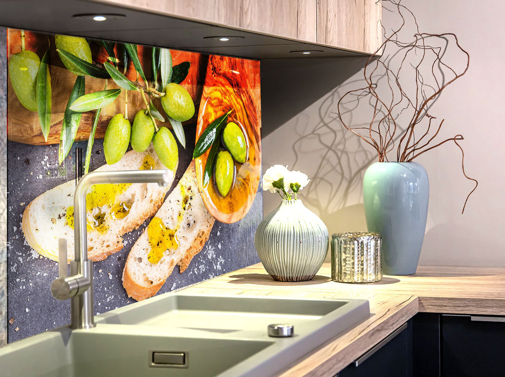 Olive Oil Glass Kitchen Backsplash – Fresh Olive & Bread Design-BacksplashArtworks