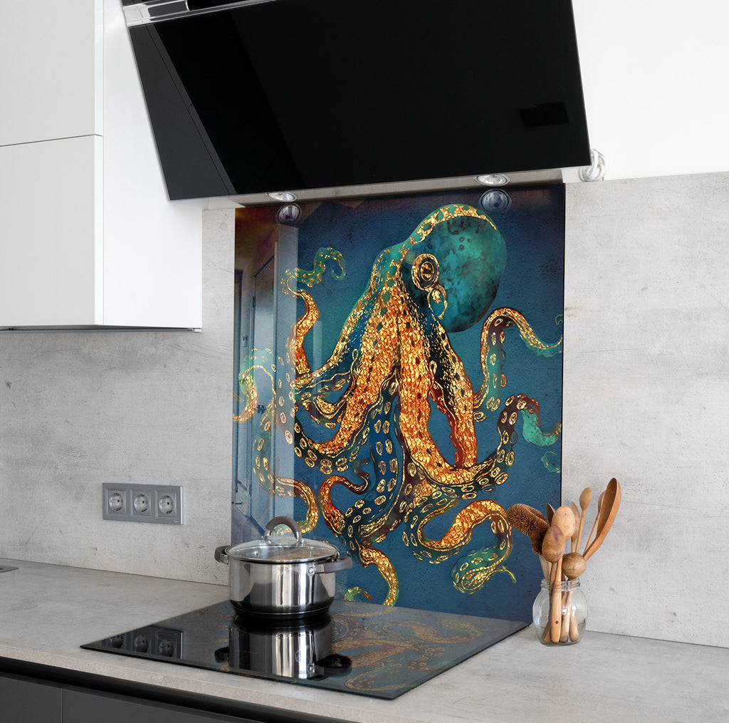 Golden Octopus – Glass Kitchen Backsplash-BacksplashArtworks