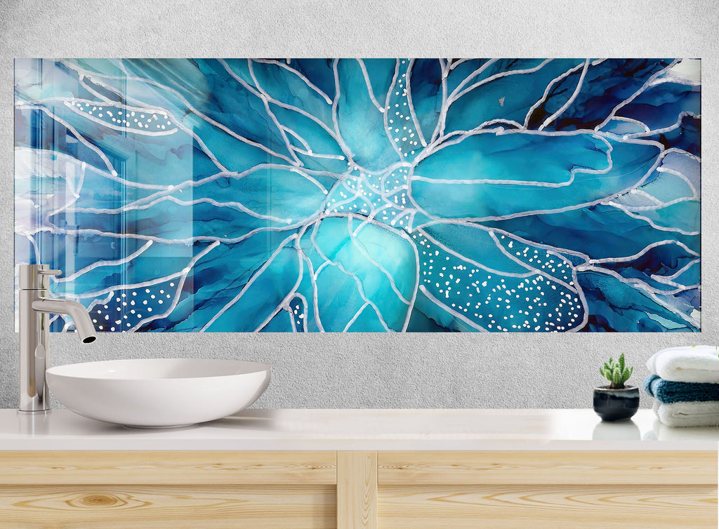 Blue Floral - Glass Kitchen Backsplash-BacksplashArtworks