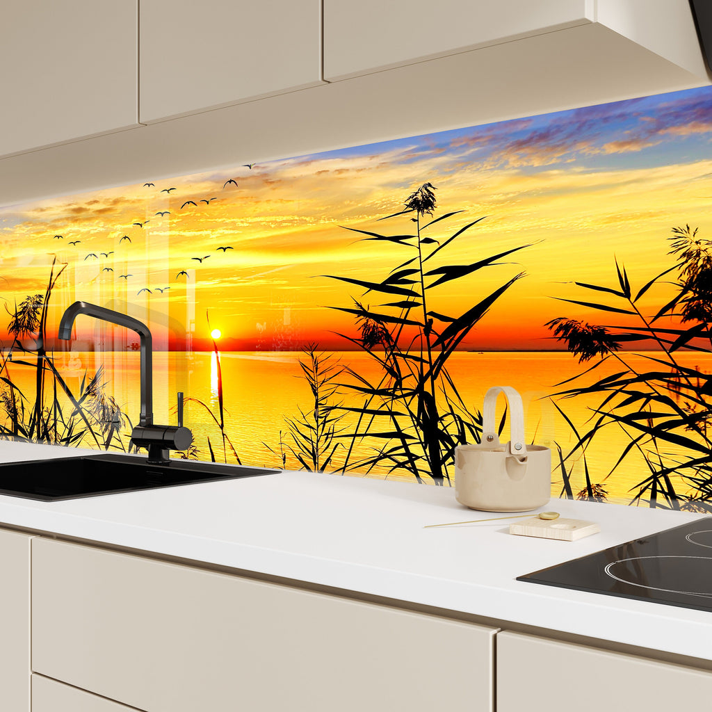 Golden Sunset Serenity – Glass Kitchen Backsplash-BacksplashArtworks