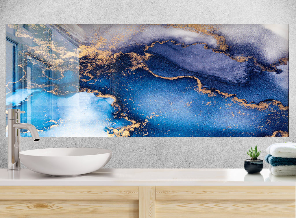 Blue & Gold Ocean Flow - Glass Bathroom Backsplash-BacksplashArtworks