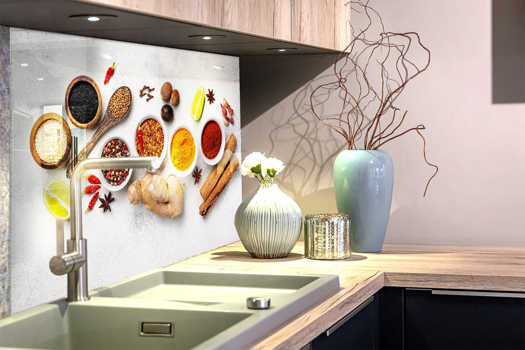 Minimalist Spice Elegance - Glass Kitchen Backsplash-BacksplashArtworks