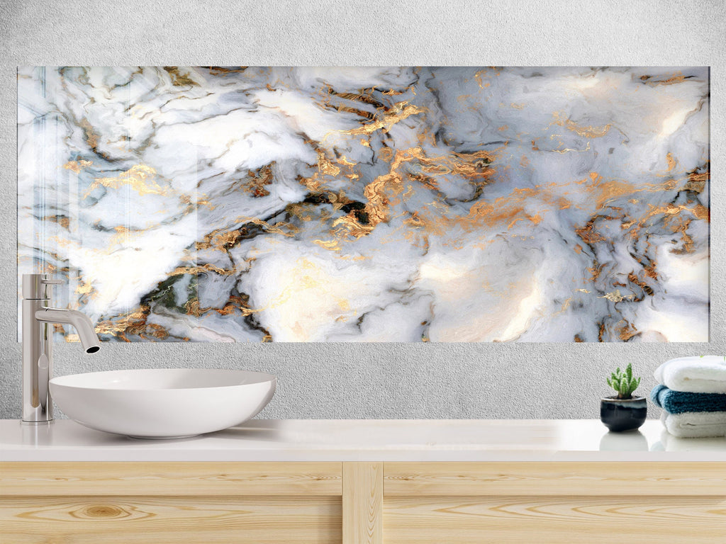 Gold & White Marble Vein - Glass Bathroom Backsplash-BacksplashArtworks