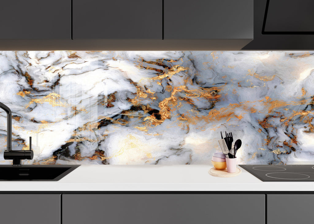 Gold & White Marble Vein - Glass Bathroom Backsplash-BacksplashArtworks