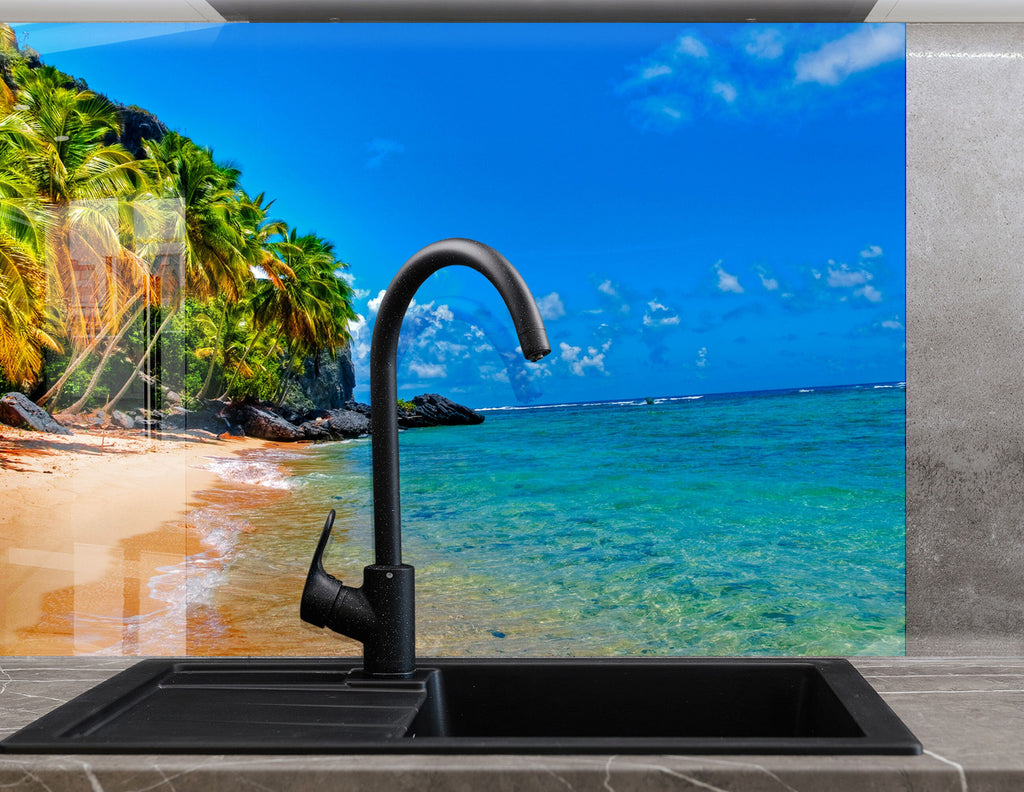 Tropical Paradise Beach – Glass Kitchen Backsplash-BacksplashArtworks