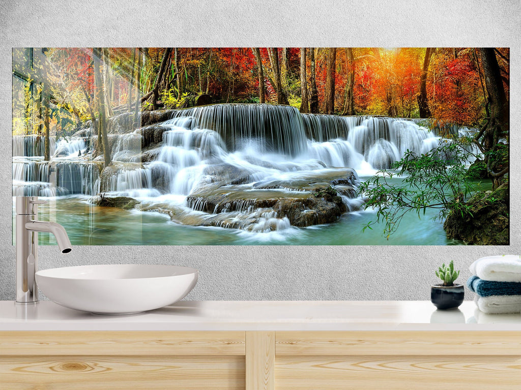 Majestic Waterfall in Autumn – Glass Kitchen Backsplash-BacksplashArtworks