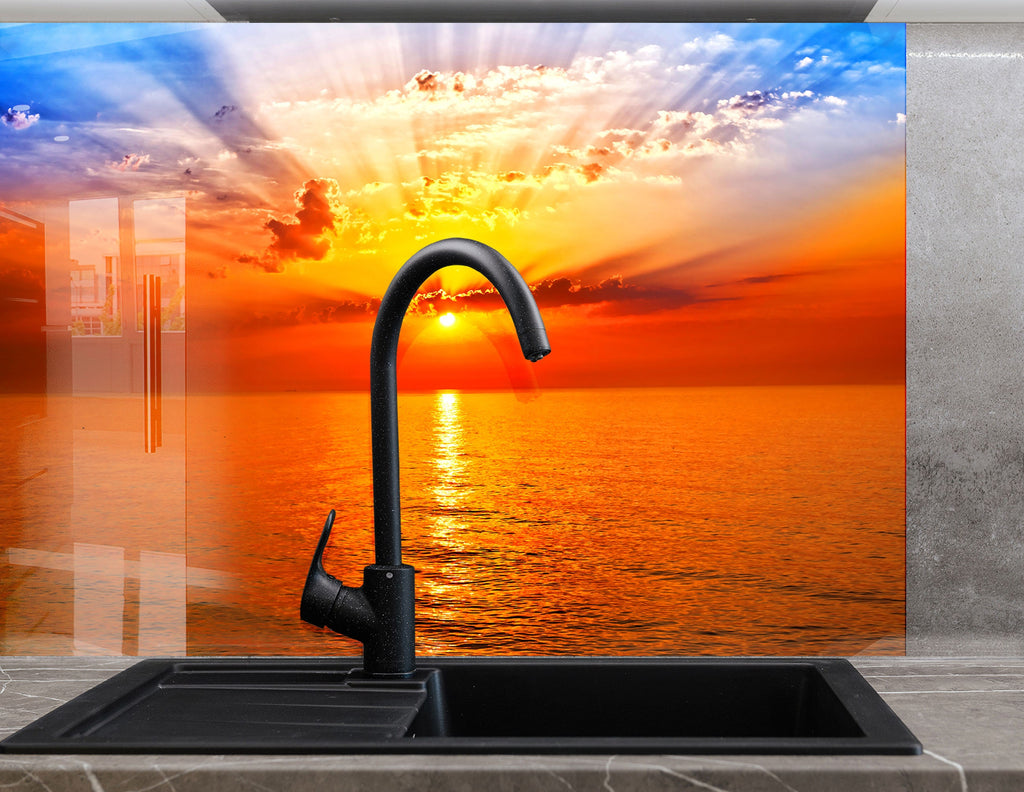 Golden Ocean Sunset Landscape – Glass Kitchen Backsplash-BacksplashArtworks