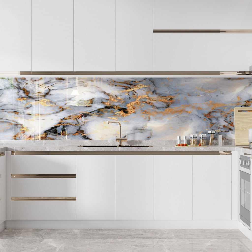 Gold & White Marble Vein - Glass Bathroom Backsplash-BacksplashArtworks