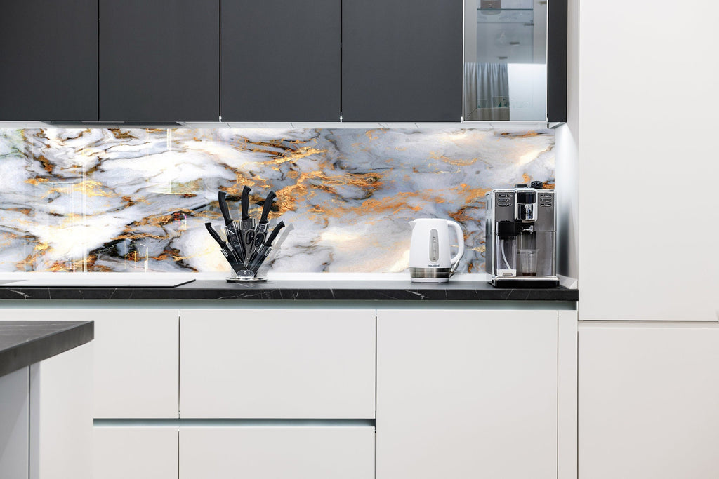 Gold & White Marble Vein - Glass Bathroom Backsplash-BacksplashArtworks