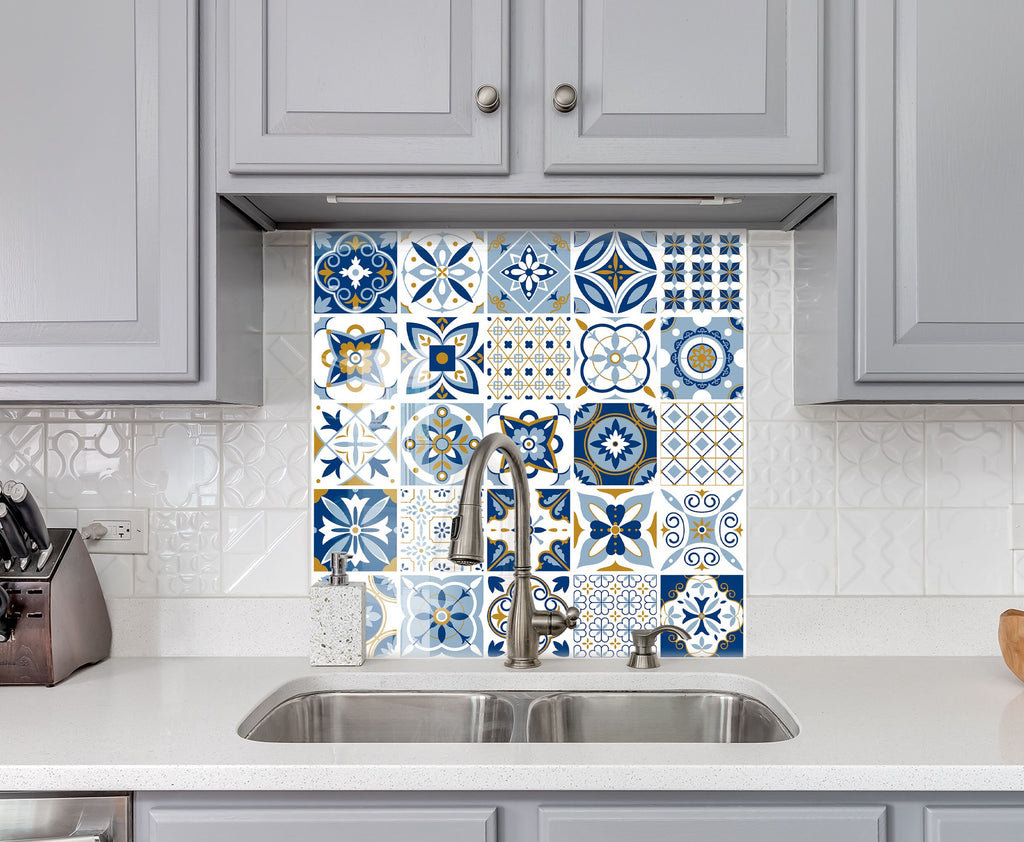 Mosaic Glass Kitchen Backsplash with Traditional Blue and White Tile Design-BacksplashArtworks