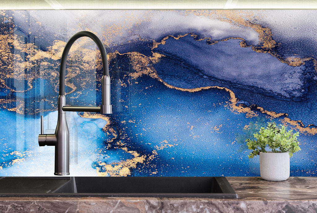 Blue & Gold Ocean Flow - Glass Bathroom Backsplash-BacksplashArtworks