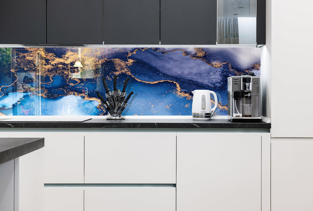 Blue & Gold Ocean Flow - Glass Bathroom Backsplash-BacksplashArtworks
