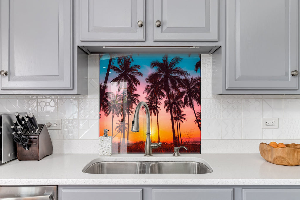 Tropical Sunset Palm Trees – Glass Kitchen Backsplash-BacksplashArtworks
