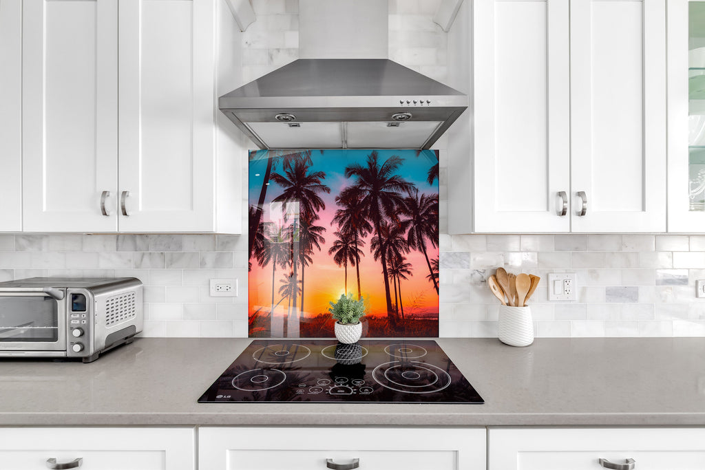 Tropical Sunset Palm Trees – Glass Kitchen Backsplash-BacksplashArtworks