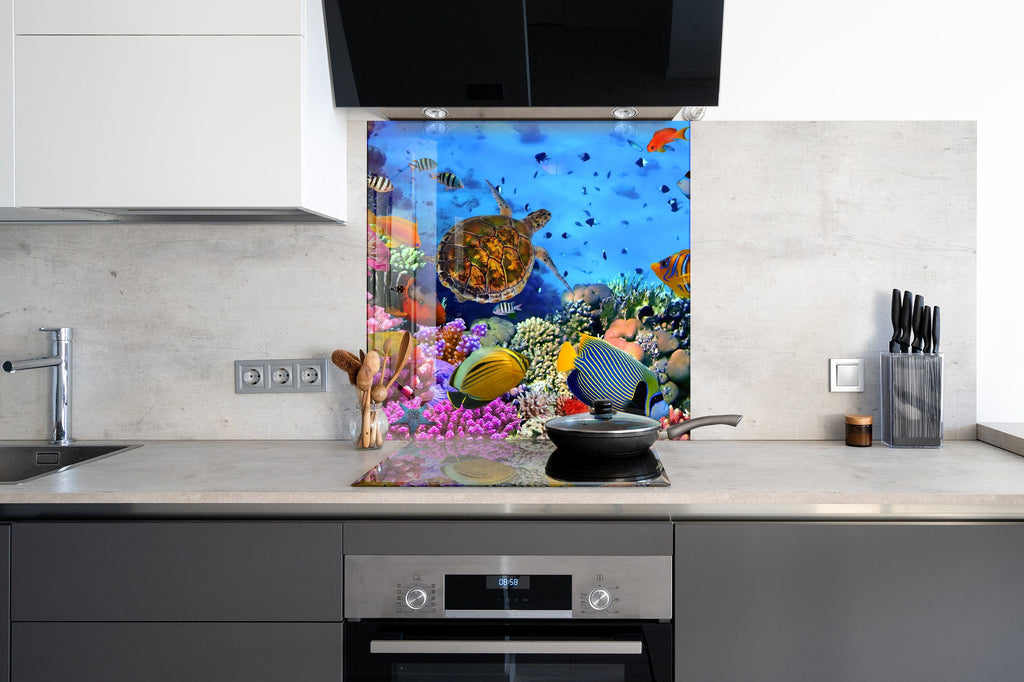 Vibrant Coral Reef Aquarium Glass Kitchen Backsplash – Turtle & Fish Design-BacksplashArtworks