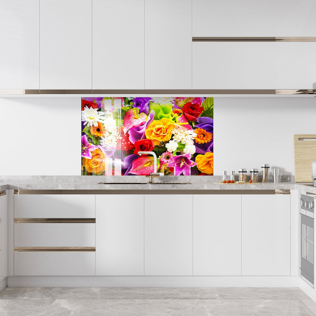 Colorful Flowers Tempered Glass Backsplash-BacksplashArtworks