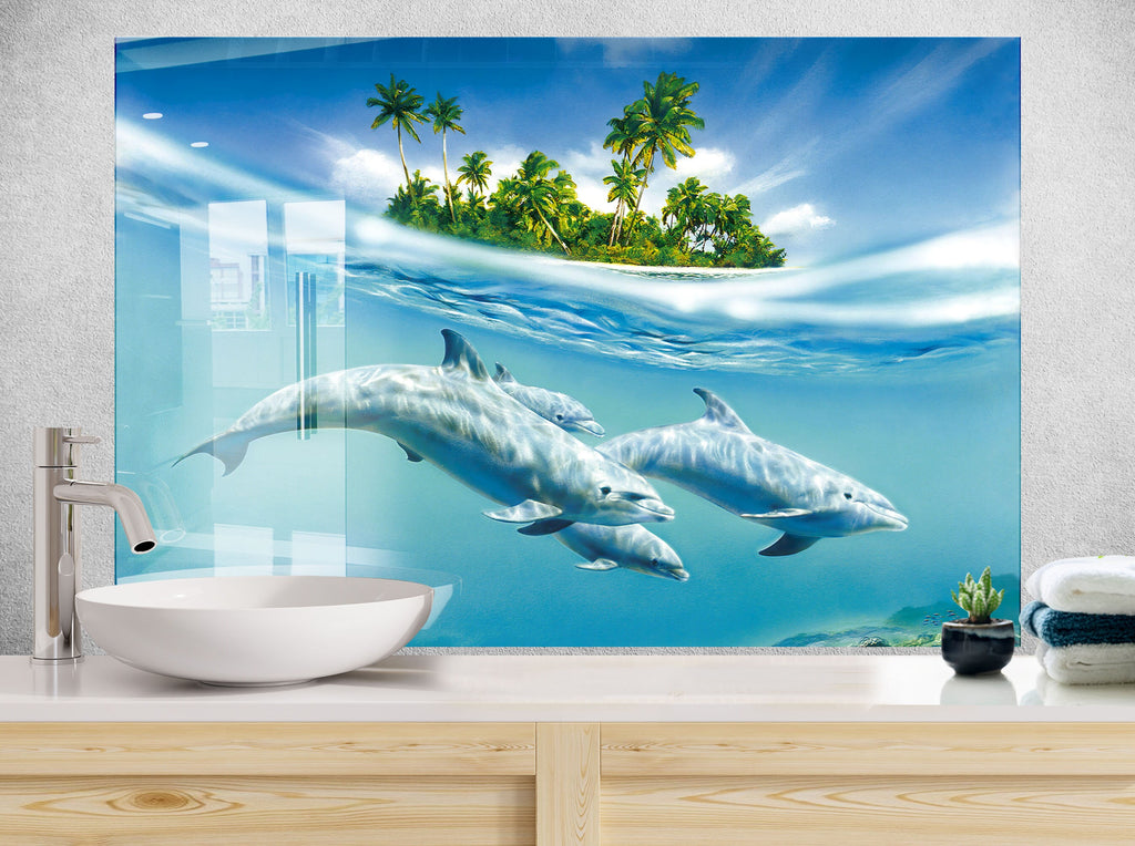 Tropical Dolphin Paradise – Glass Kitchen Backsplash-BacksplashArtworks