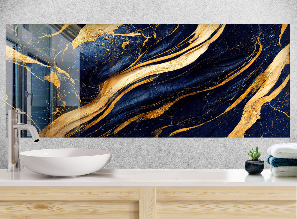 Gold Waves on Navy Blue Marble - Glass Bathroom Backsplash-BacksplashArtworks