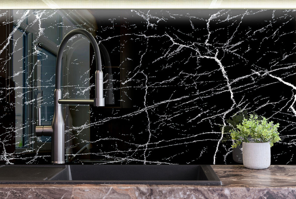 Black Marble Vein - Glass Bathroom Backsplash-BacksplashArtworks