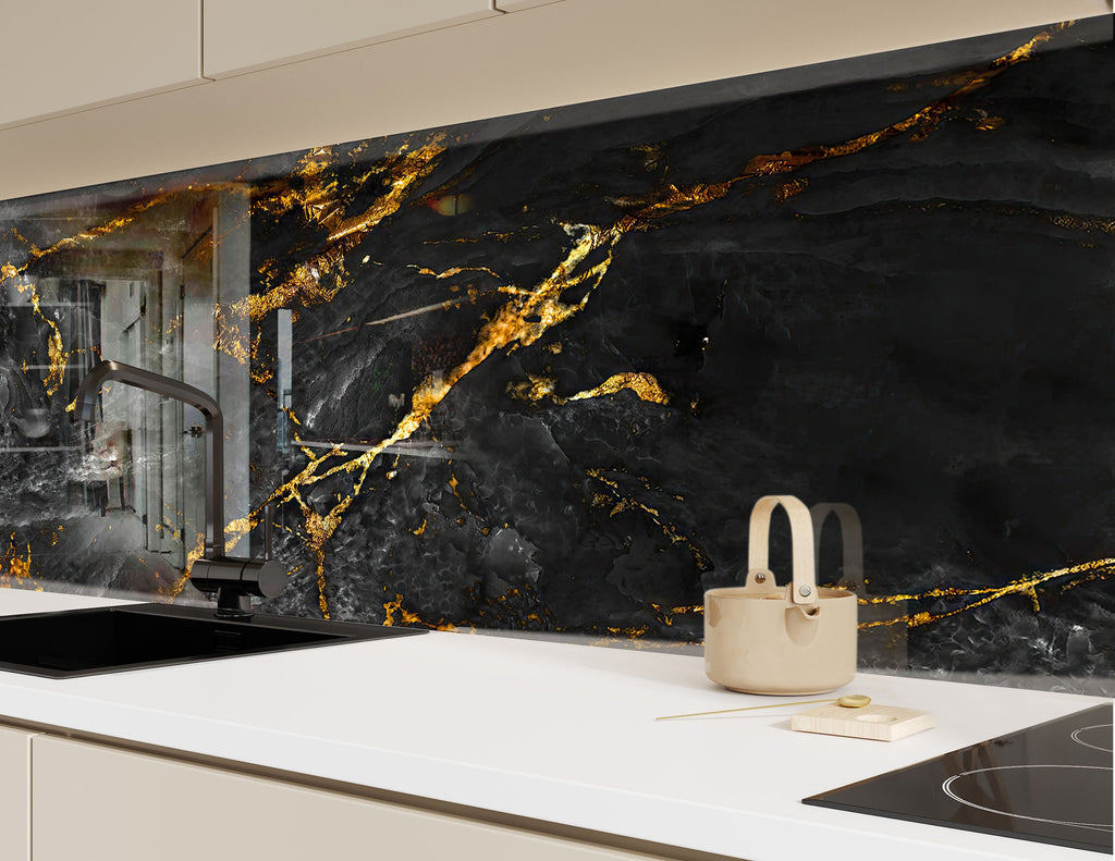 Black Gold Marble - Tempered Glass Kitchen Backsplash-BacksplashArtworks