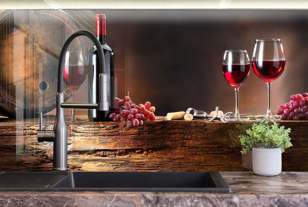Rustic Wine & Barrel Glass Backsplash – Vineyard Red Wine Elegance-BacksplashArtworks