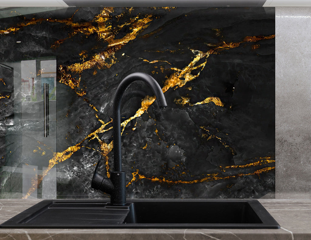 Black Gold Marble - Tempered Glass Kitchen Backsplash-BacksplashArtworks