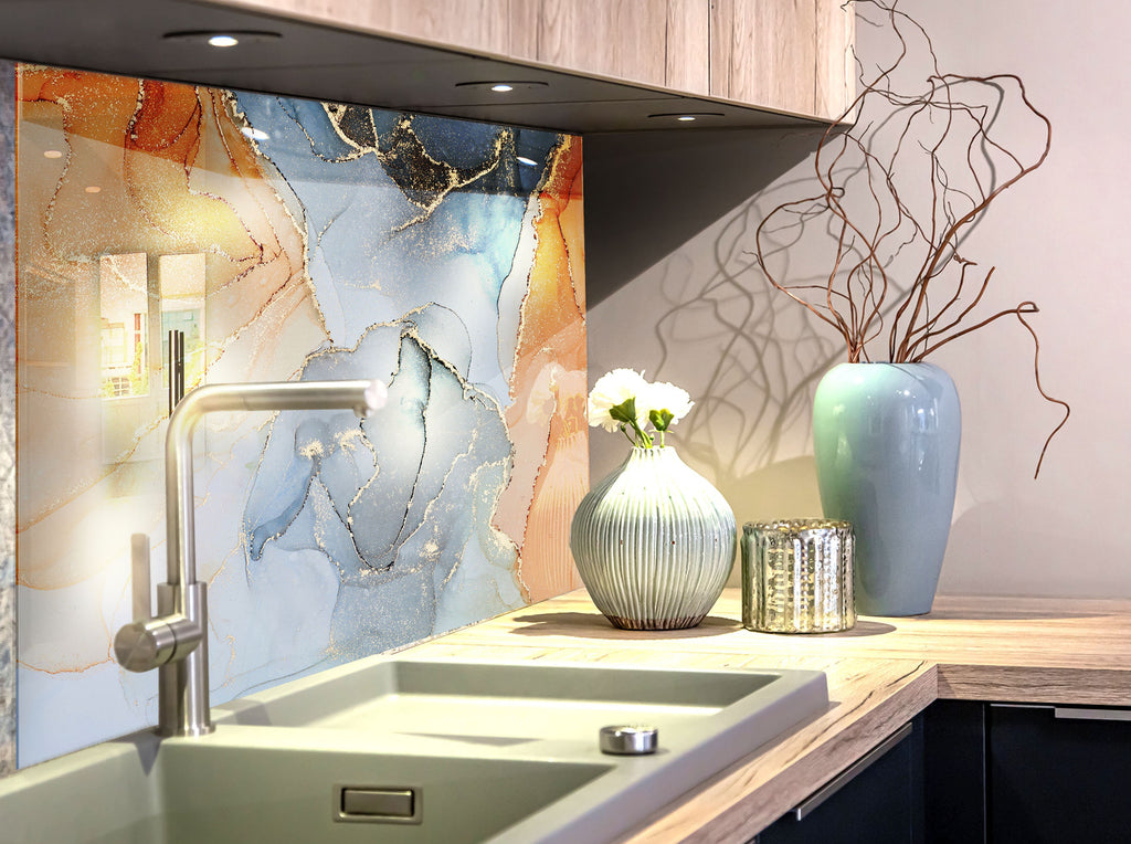 Gray & Golden Waves - Glass Kitchen Backsplash-BacksplashArtworks