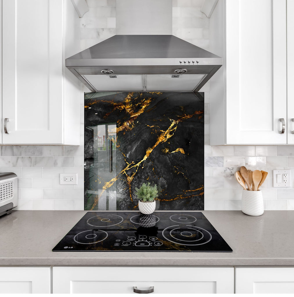 Black Gold Marble - Tempered Glass Kitchen Backsplash-BacksplashArtworks