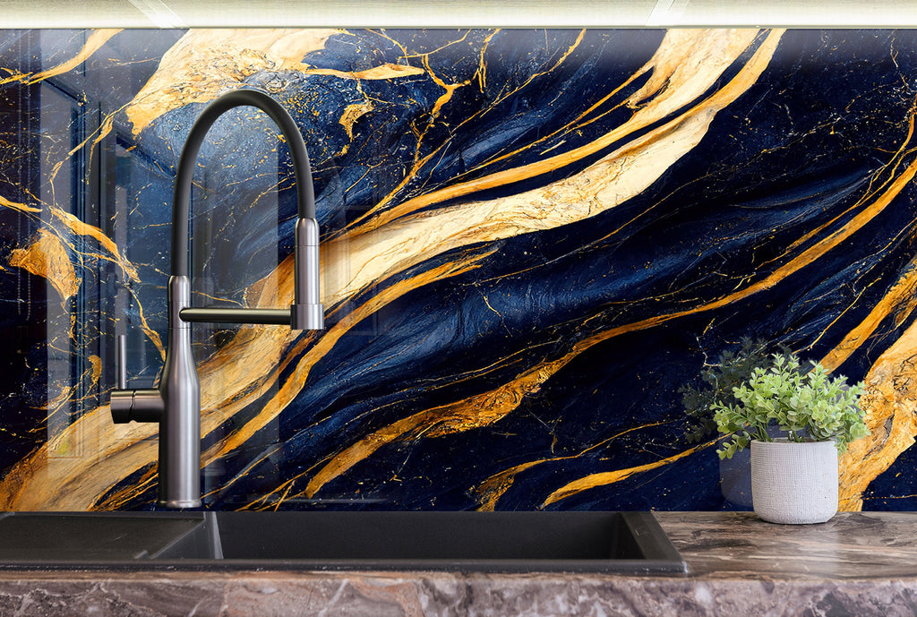 Gold Waves on Navy Blue Marble - Glass Bathroom Backsplash-BacksplashArtworks