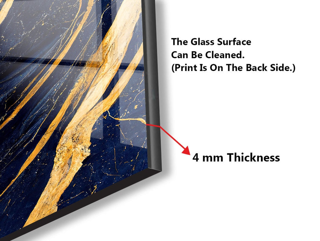 Gold Waves on Navy Blue Marble - Glass Bathroom Backsplash-BacksplashArtworks