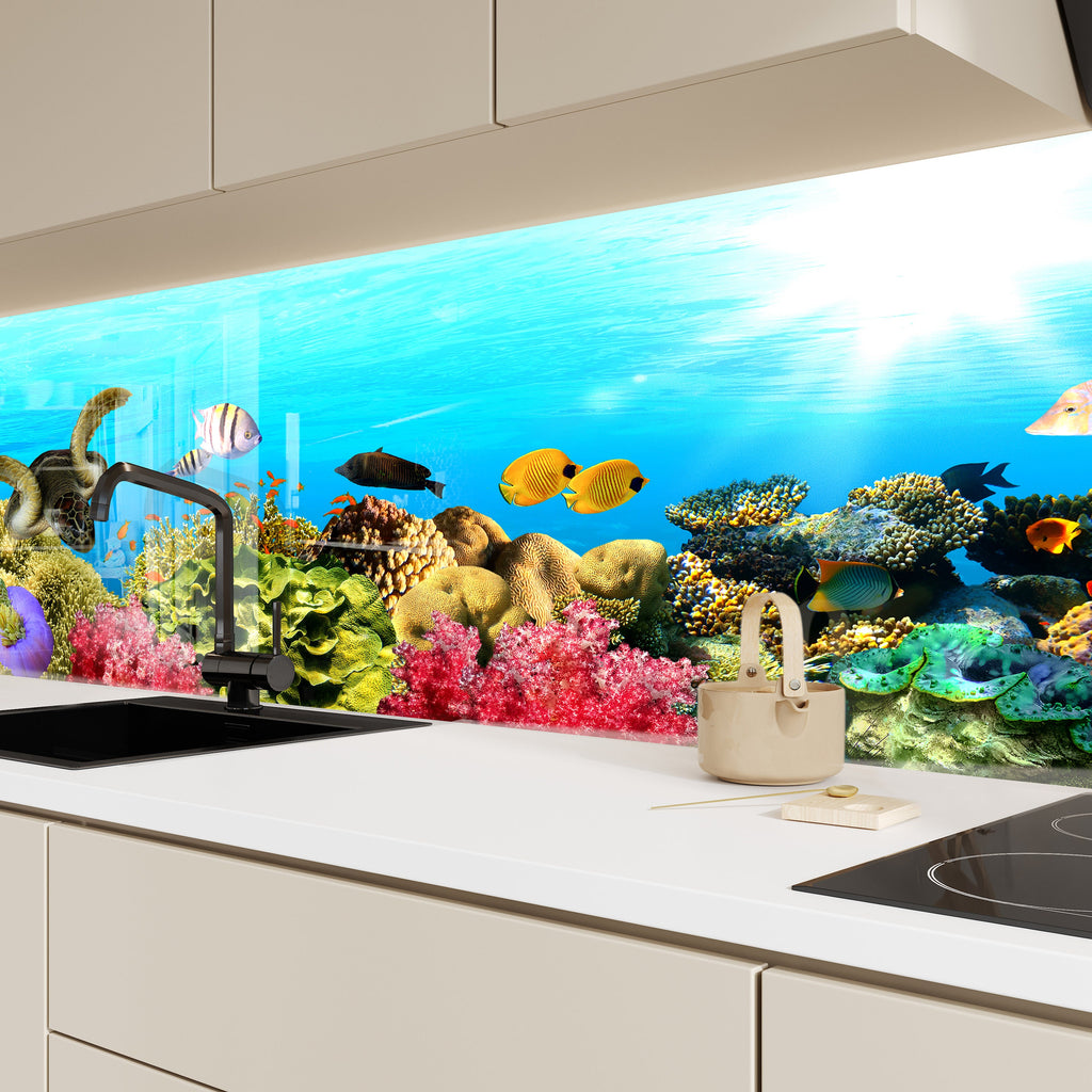 Vibrant Ocean Glass Kitchen Backsplash – Colorful Coral Reef & Fish Design-BacksplashArtworks