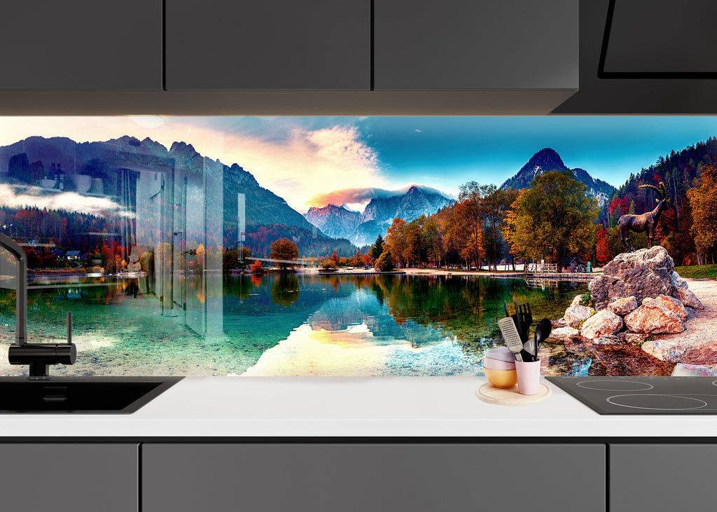 Majestic Mountain Lake – Glass Kitchen Backsplash-BacksplashArtworks